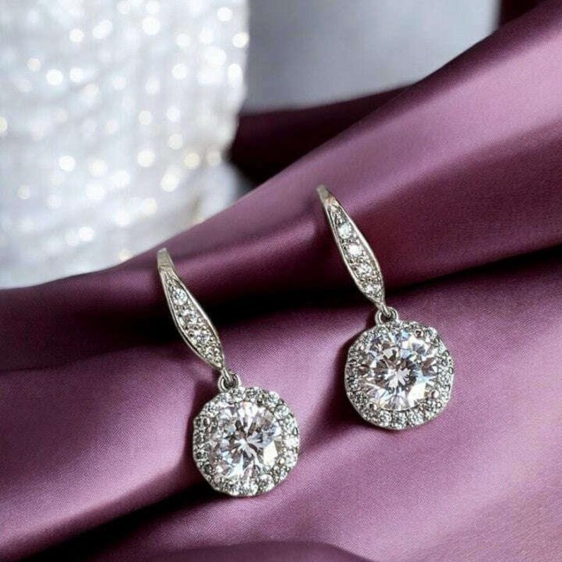 CZ Diamond Halo Earrings-APRIL Birthstone-Wedding Jewelry - - LadybugfeetDesigns -
