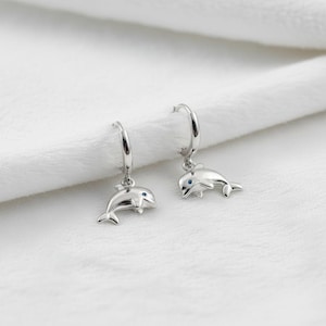 Dolphin Huggie Hoop earrings, Silver - 15mm - - LadybugfeetDesigns -