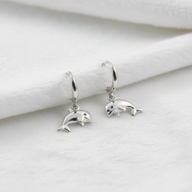 Dolphin Huggie Hoop earrings, Silver - 15mm - - LadybugfeetDesigns -