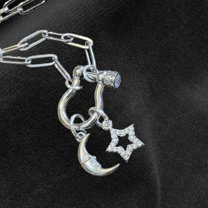 Celestial Moon CZ Star Shackle Clasp Carabiner Necklace, Silver - 20 inch - - LadybugfeetDesigns -