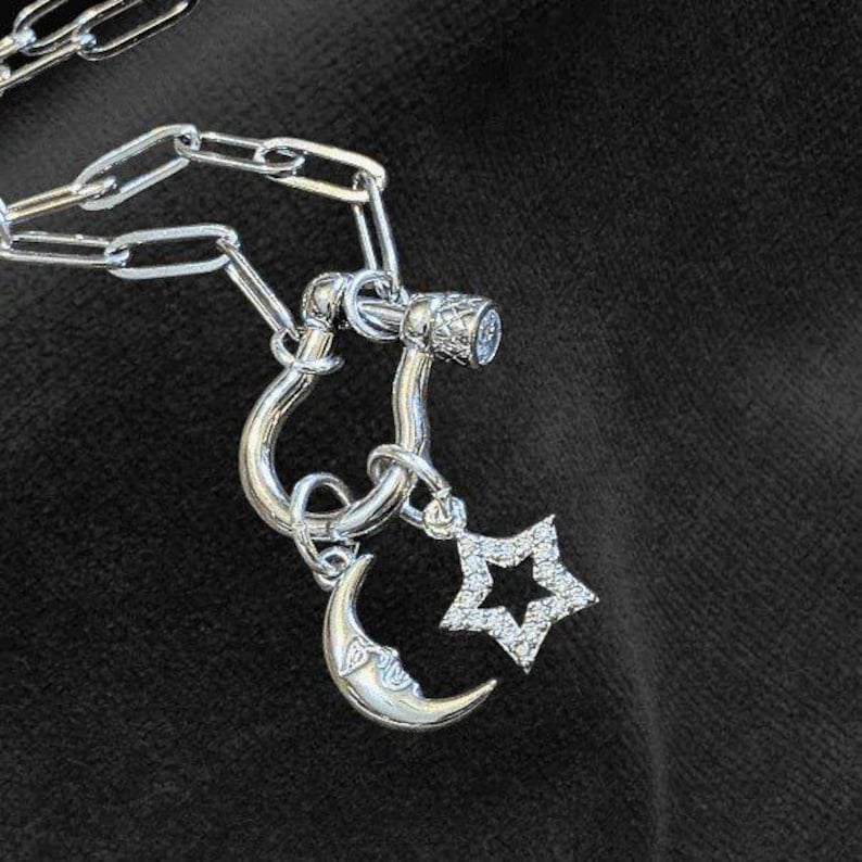 Celestial Moon CZ Star Shackle Clasp Carabiner Necklace, Silver - 20 inch - - LadybugfeetDesigns -
