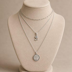 CZ Flower/Dragonfly Cross Layered Necklace Set, Silver - - LadybugfeetDesigns -