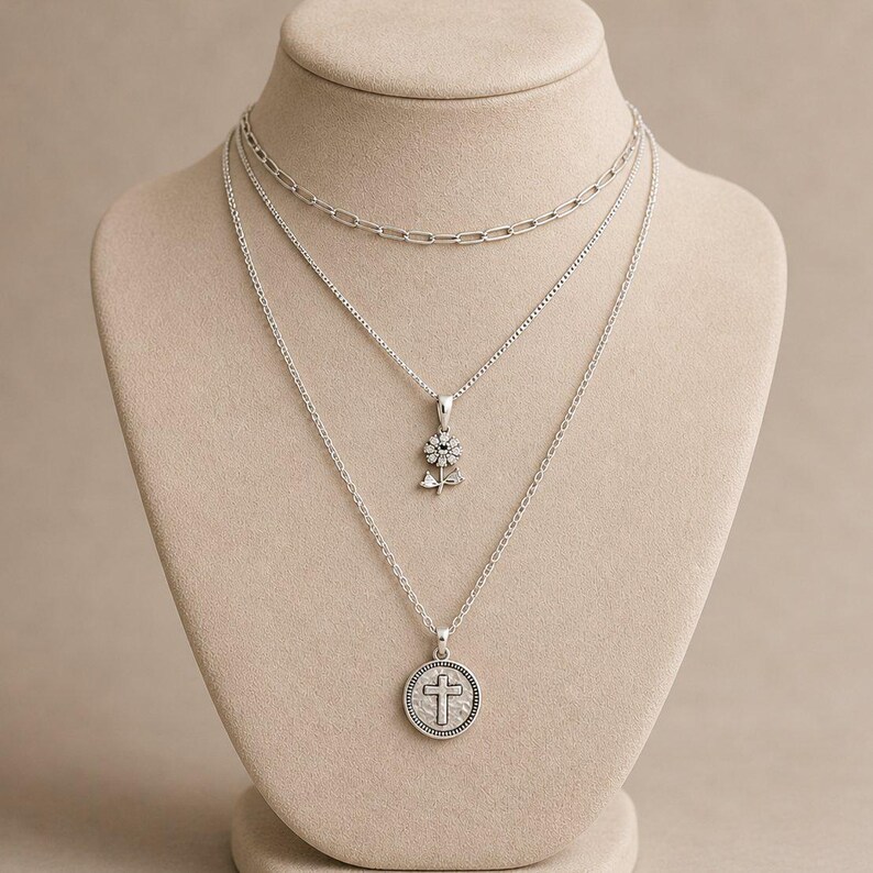 CZ Flower/Dragonfly Cross Layered Necklace Set, Silver - - LadybugfeetDesigns -