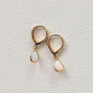 Opal Huggie Hoop earrings, 15mm Hoop Drop, Silver/Gold - - LadybugfeetDesigns -