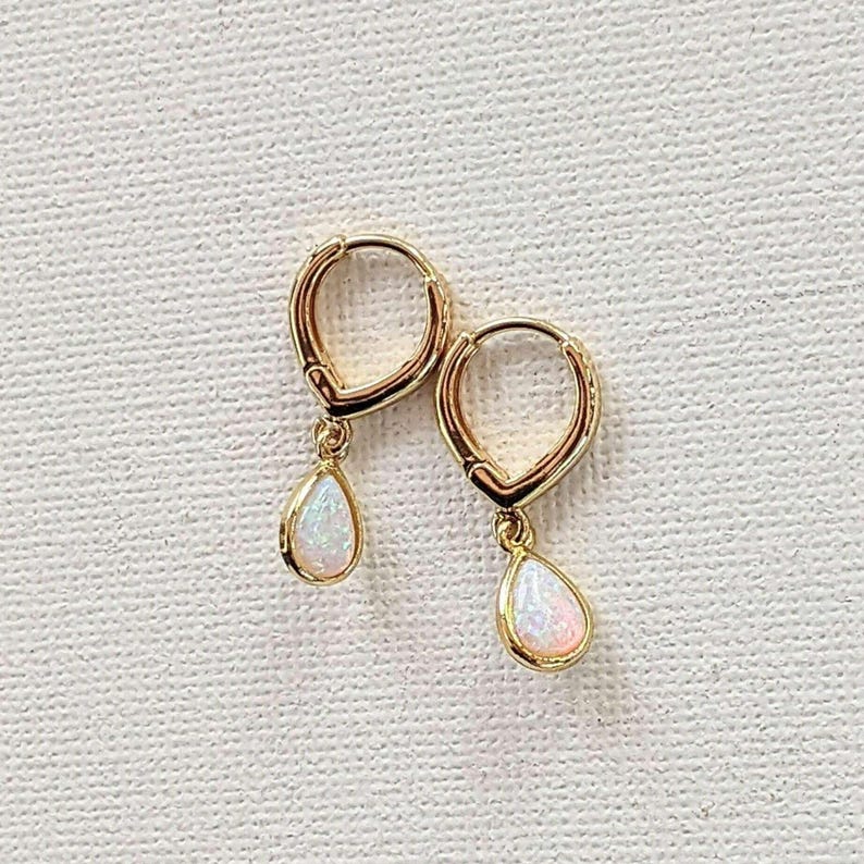 Opal Huggie Hoop earrings, 15mm Hoop Drop, Silver/Gold - - LadybugfeetDesigns -