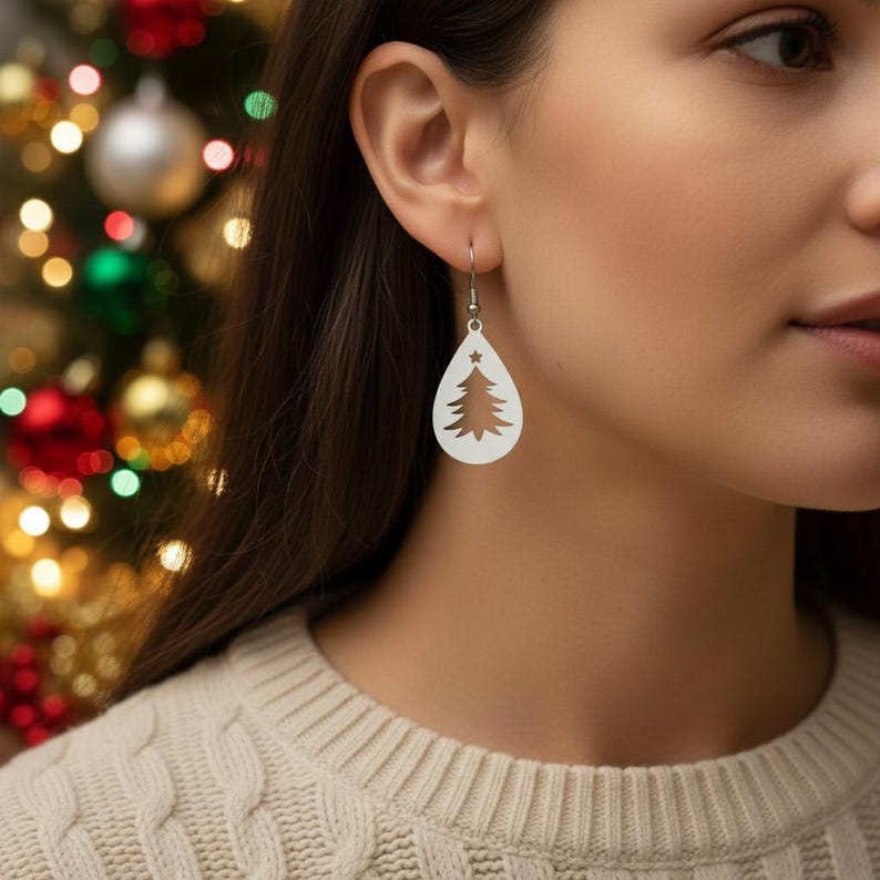 Christmas Tree Drop earrings - Silver - - LadybugfeetDesigns -
