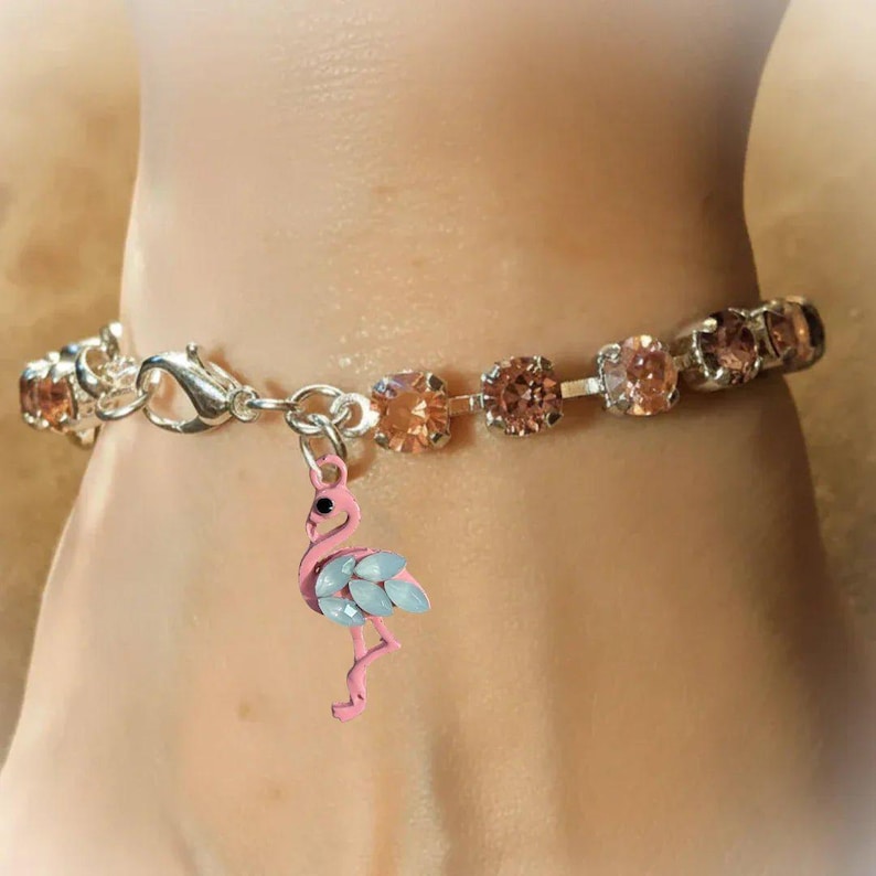 Pink Flamingo Faceted Crystal Bracelet, Silver - - LadybugfeetDesigns -