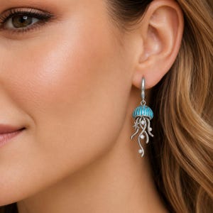 Jellyfish Huggie Hoop earrings, Silver - 15mm - - LadybugfeetDesigns -
