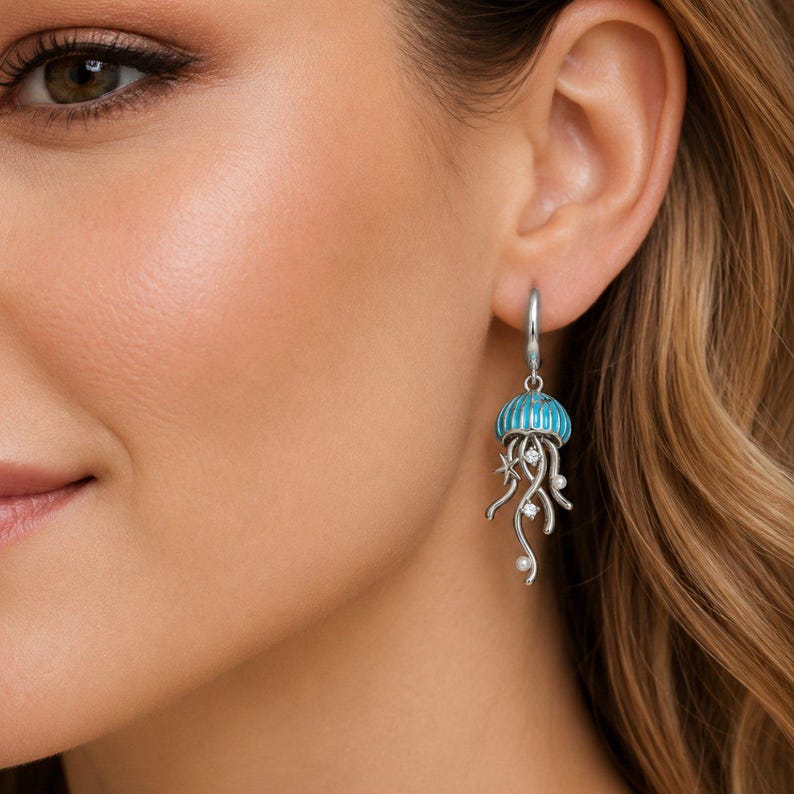 Jellyfish Huggie Hoop earrings, Silver - 15mm - - LadybugfeetDesigns -