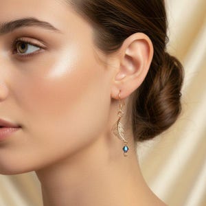 Peacock Crystal Feather Rose Gold dangle earrings - - LadybugfeetDesigns -