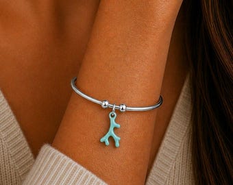 Aqua Blue Coral Euro Bangle Cuff, Silver