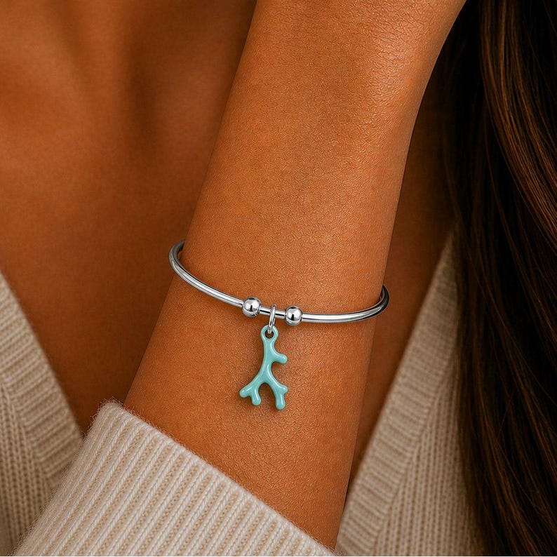 Aqua Blue Coral Euro Bangle Cuff, Silver - - LadybugfeetDesigns -