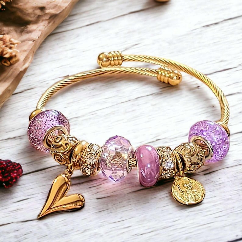 Romantic Heart Euro Cuff Wrap Bracelet, Gold - - LadybugfeetDesigns -