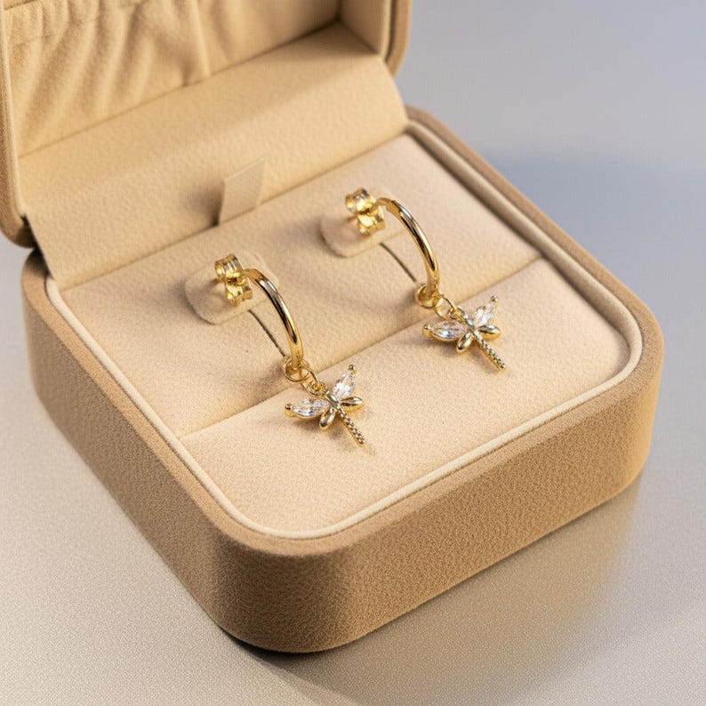 CZ Dragonfly Gold Hoop earrings, Hoop Drop, 16mm - - LadybugfeetDesigns -