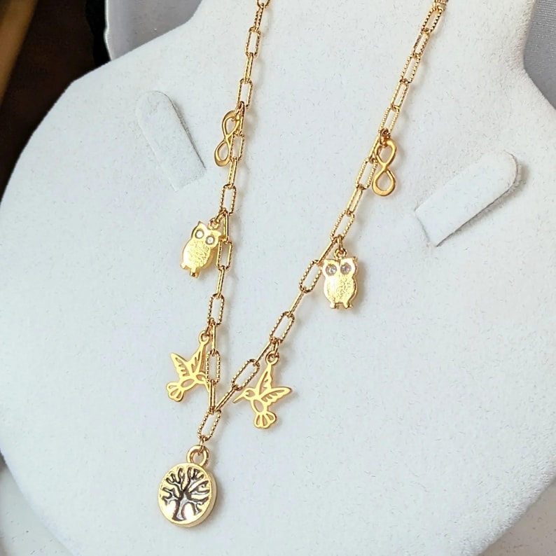 Nature Vibes Multi Charm Link Necklace, Gold- 20 inch - - LadybugfeetDesigns -