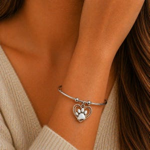 Paw Heart Euro Bangle Cuff, Silver - - LadybugfeetDesigns -