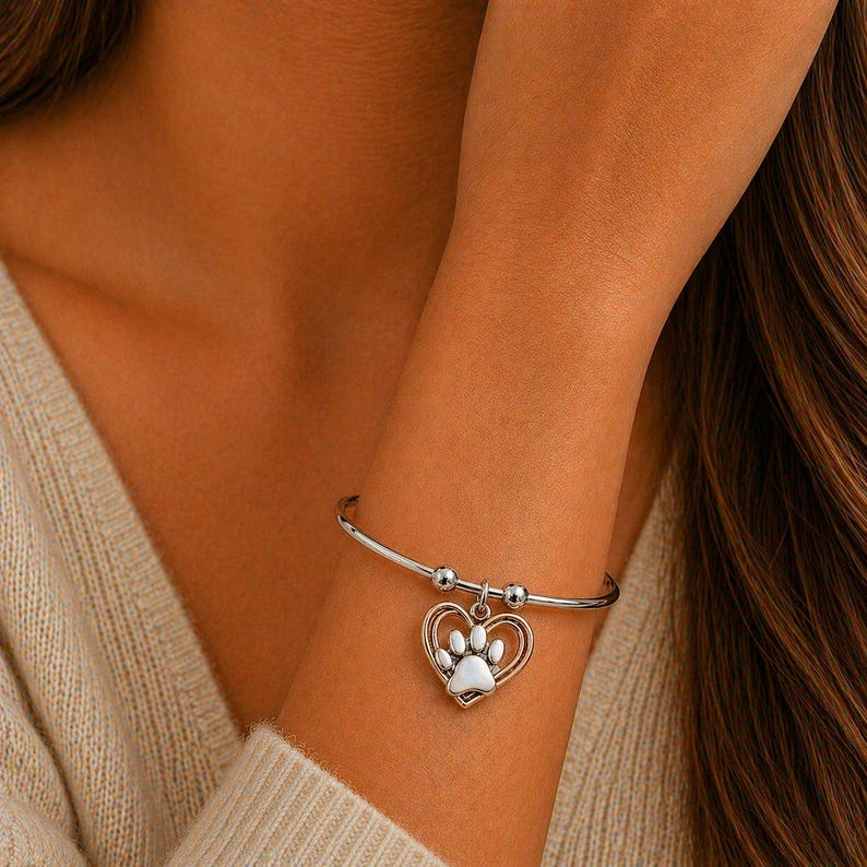 Paw Heart Euro Bangle Cuff, Silver - - LadybugfeetDesigns -