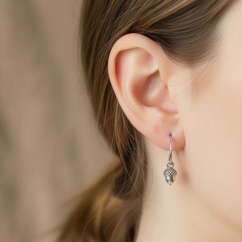 Acorn Hoop Earrings, Silver - 16mm - - LadybugfeetDesigns -
