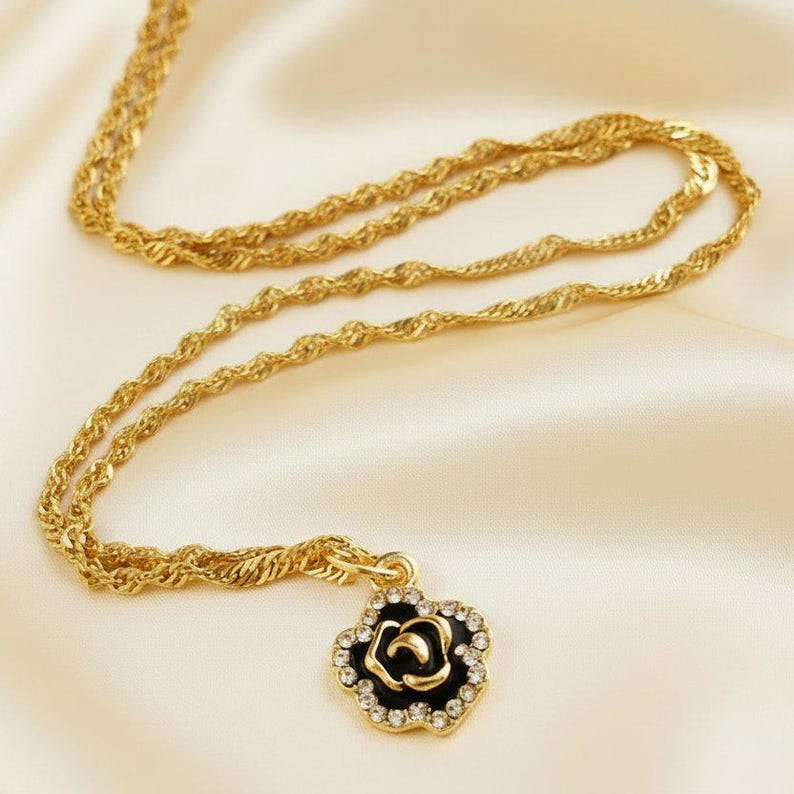Sparkly Black Rose necklace, Gold- 20 inch - - LadybugfeetDesigns -