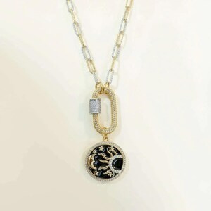 Black Enamel Celestial Pendant Carabiner Necklace, Gold/Silver - 20 inch - - LadybugfeetDesigns -