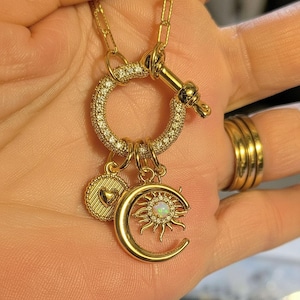 Opal Sun, Crescent Moon and Heart Shackle Clasp Carabiner Necklace, Gold - Adjusts up to 20 inches - - LadybugfeetDesigns -
