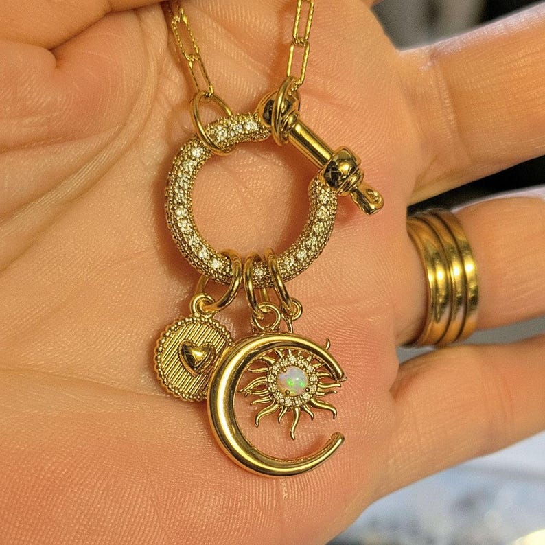 Opal Sun, Crescent Moon and Heart Shackle Clasp Carabiner Necklace, Gold - Adjusts up to 20 inches - - LadybugfeetDesigns -