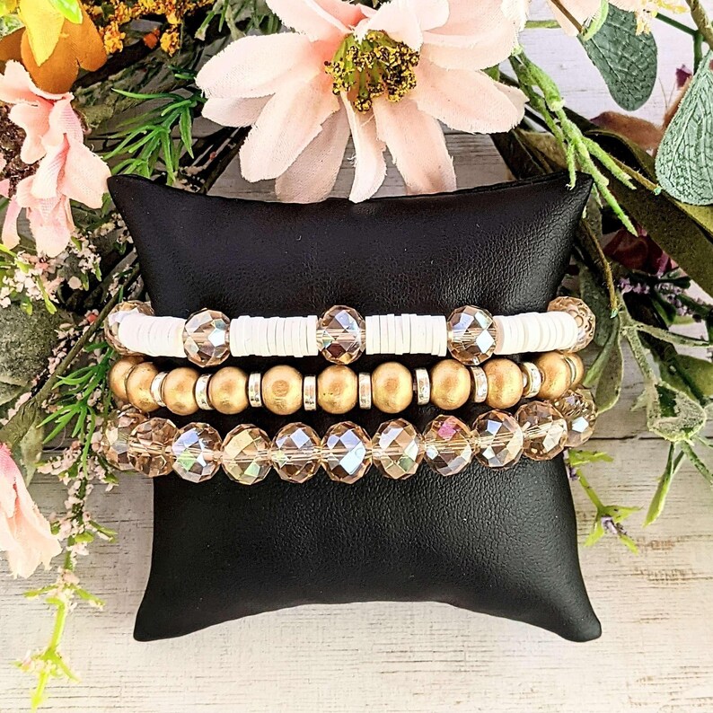 Cream & Crystals Stretch Bracelet Stack - - LadybugfeetDesigns -