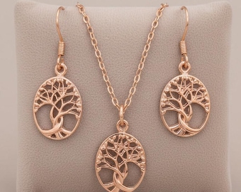 Lebensbaum-Halskette und -Ohrringe-Set, roségolden, 45,7 cm (18 Zoll)