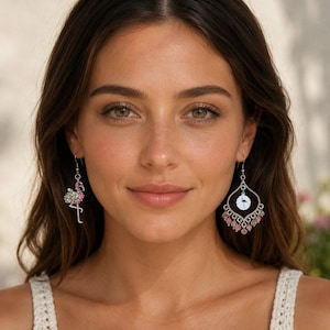 Mismatched Rhinestone Flamingo hook earrings - - LadybugfeetDesigns -