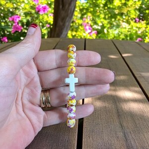 Yellow Fuchsia Beaded Cross Stretch bracelet - - LadybugfeetDesigns -