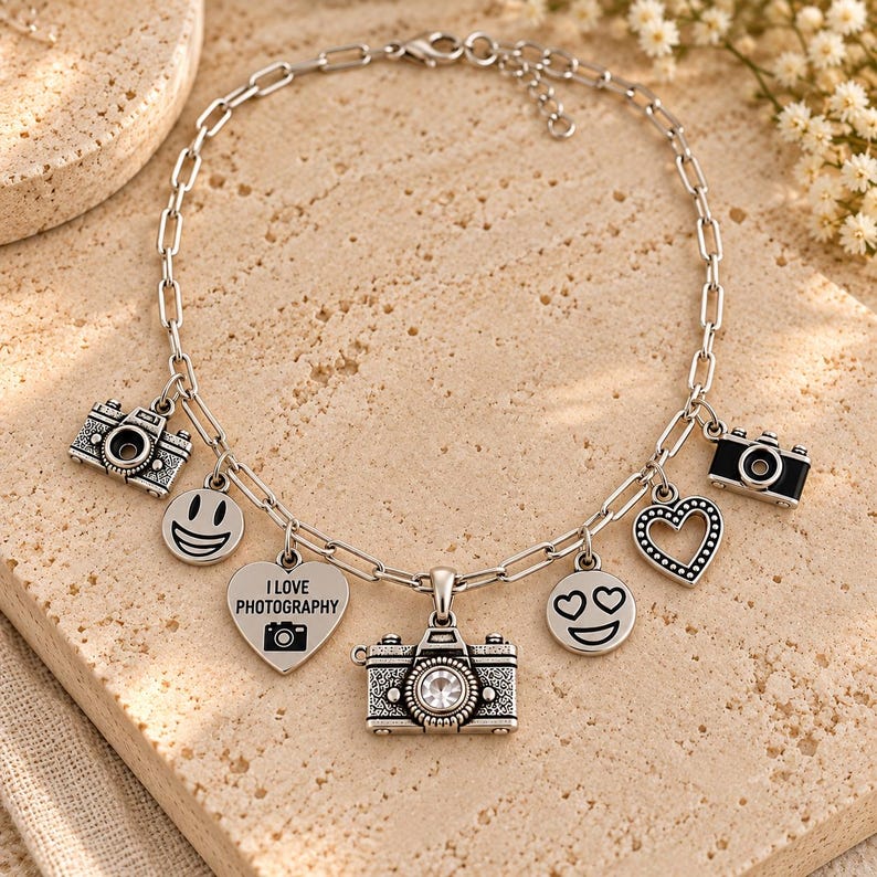I Love Photography Multi Charm Link Necklace, Silver - 20 inch - - LadybugfeetDesigns -
