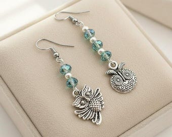 Mismatched Owl crystal hook earrings, Silver
