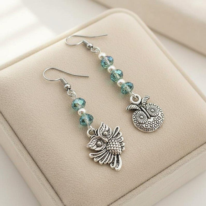 Mismatched Owl crystal hook earrings - - LadybugfeetDesigns -