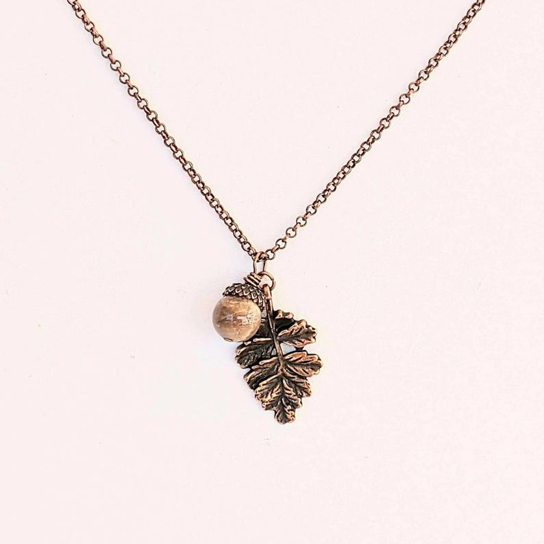 Acorn Oak Leaf Necklace, Antique Copper - - LadybugfeetDesigns -