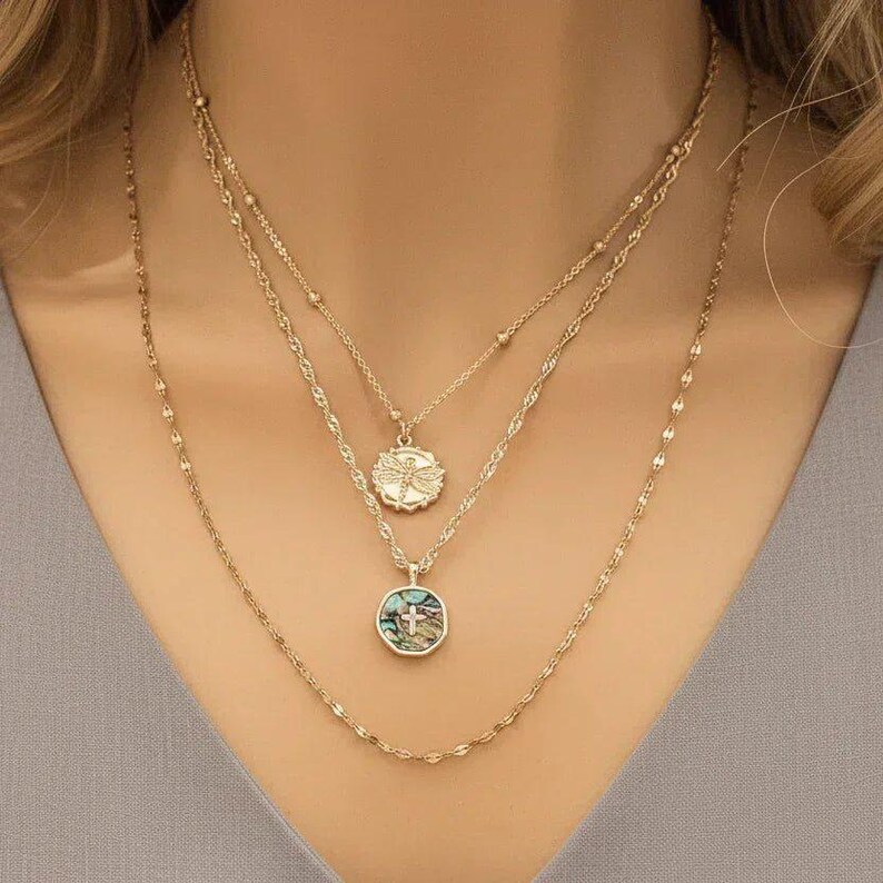 Abalone Cross Bar/Dragonfly Layered Necklace Set, Gold - - LadybugfeetDesigns -