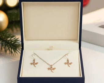 Dragonfly Rose Gold necklace/earrings set, 18 inch