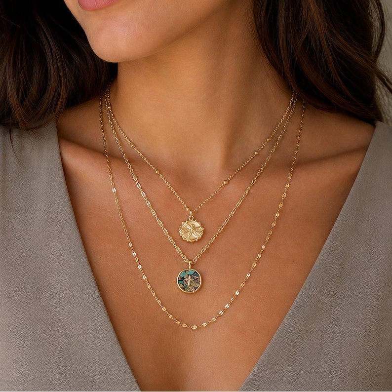 Abalone Cross Bar/Dragonfly Layered Necklace Set, Gold - - LadybugfeetDesigns -