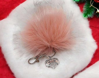 Mom Keychain/Faux Fur Pom Pom Charm Key Chain-Purse Charm/Journal Charm