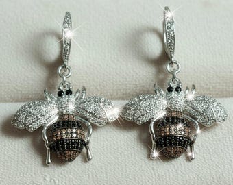 Rhinestone Honeybee Sterling Silver Earrings