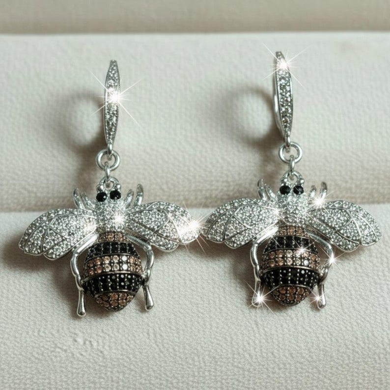 Rhinestone Honeybee Sterling Silver Earrings - - LadybugfeetDesigns -