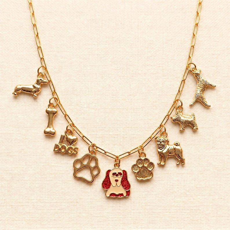 I Love Dogs Multi Charm Link Necklace, Gold- 20 inch - - LadybugfeetDesigns -