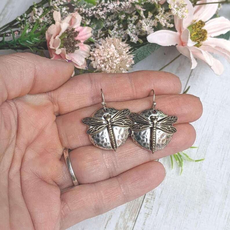 Dragonfly Hammered Disc Dangle Earrings, Two-Toned - - LadybugfeetDesigns -