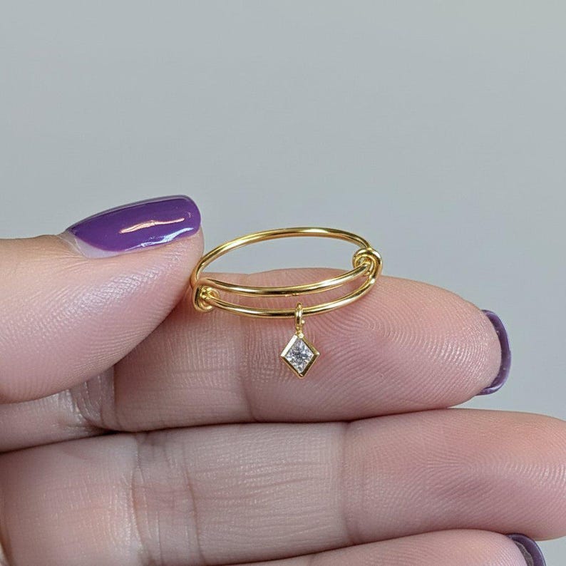 Tiny CZ Diamond Adjustable Charm Ring, Gold - - LadybugfeetDesigns -