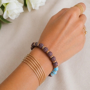 Turquoise Gemstone Lava Bead Stretch bracelet-December Birthstone - - LadybugfeetDesigns -