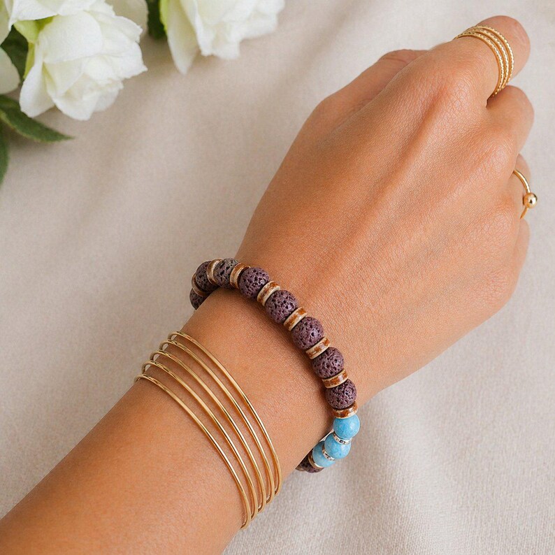 Turquoise Gemstone Lava Bead Stretch bracelet-December Birthstone - - LadybugfeetDesigns -