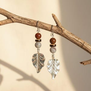 Large Leaf Tourmaline Hook Earrings, Silver - - LadybugfeetDesigns -