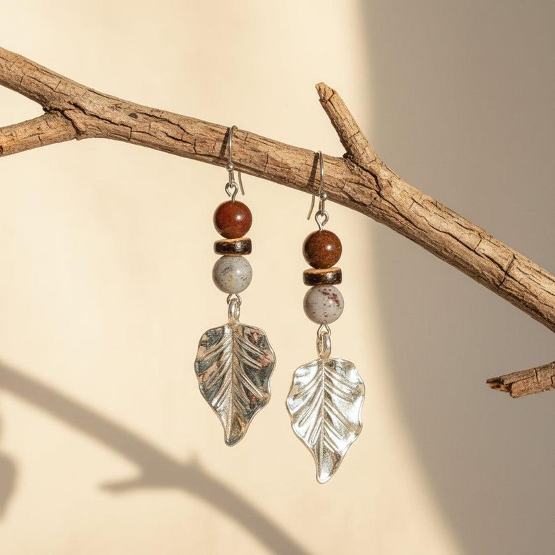 Large Leaf Tourmaline Hook Earrings, Silver - - LadybugfeetDesigns -