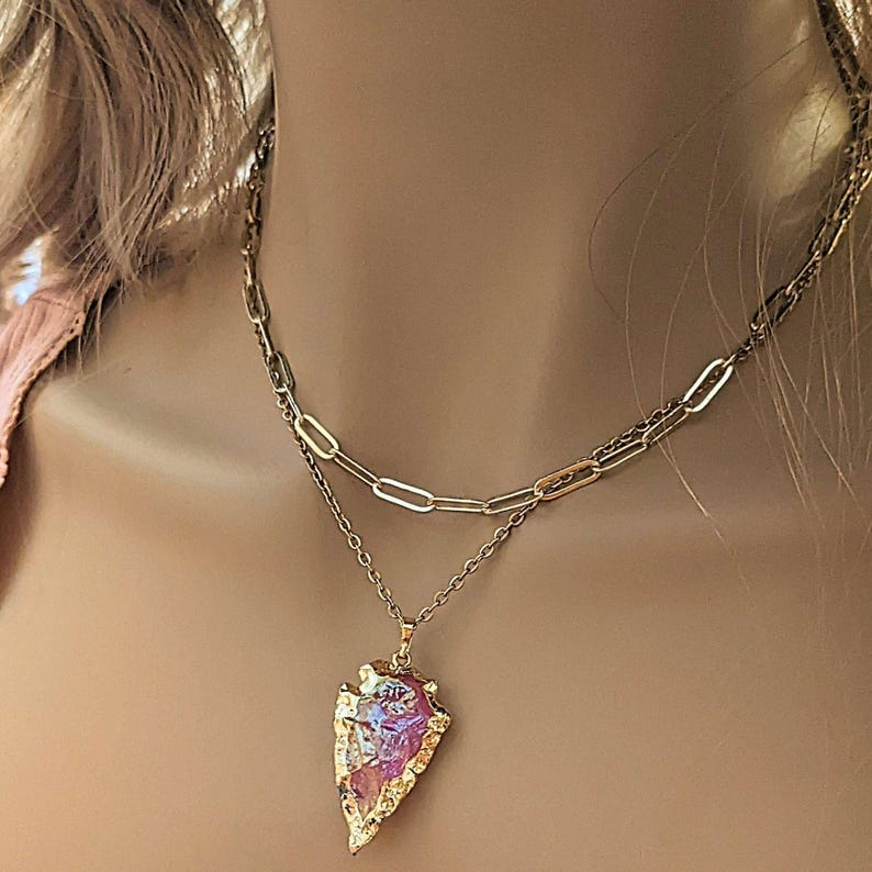 Natural Titanium Quartz Crystal Arrowhead necklace, Gold - 18- 24 inch - - LadybugfeetDesigns -