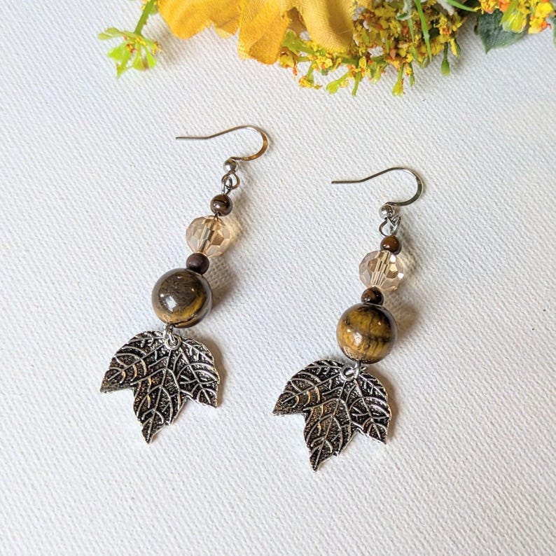 Maple Leaf Crystal Hook Earrings, Silver - - LadybugfeetDesigns -