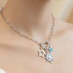 Fiery Sun, Blue Moon and Star Shackle Clasp Carabiner Necklace, Silver - 20 inch - - LadybugfeetDesigns -